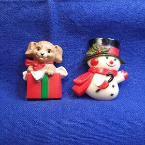 Fun Vintage Hallmark Snowman and Dog Christmas Pins